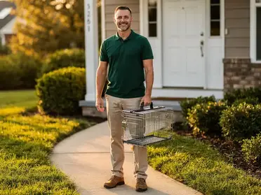 Professional wildlife removal technician arriving at home